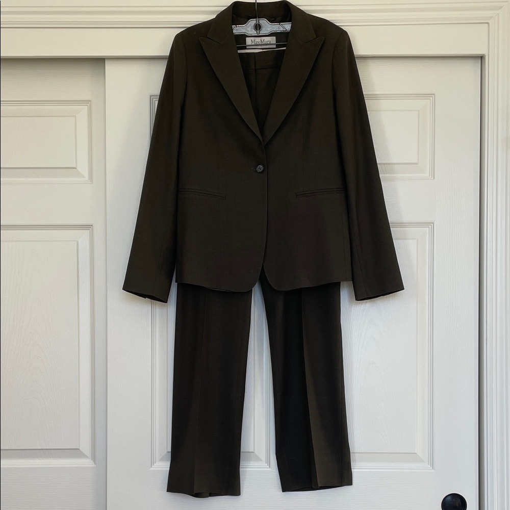 MaxMara Olive Green Blazer & Pleated Dress Pants Suit Set Women's 10